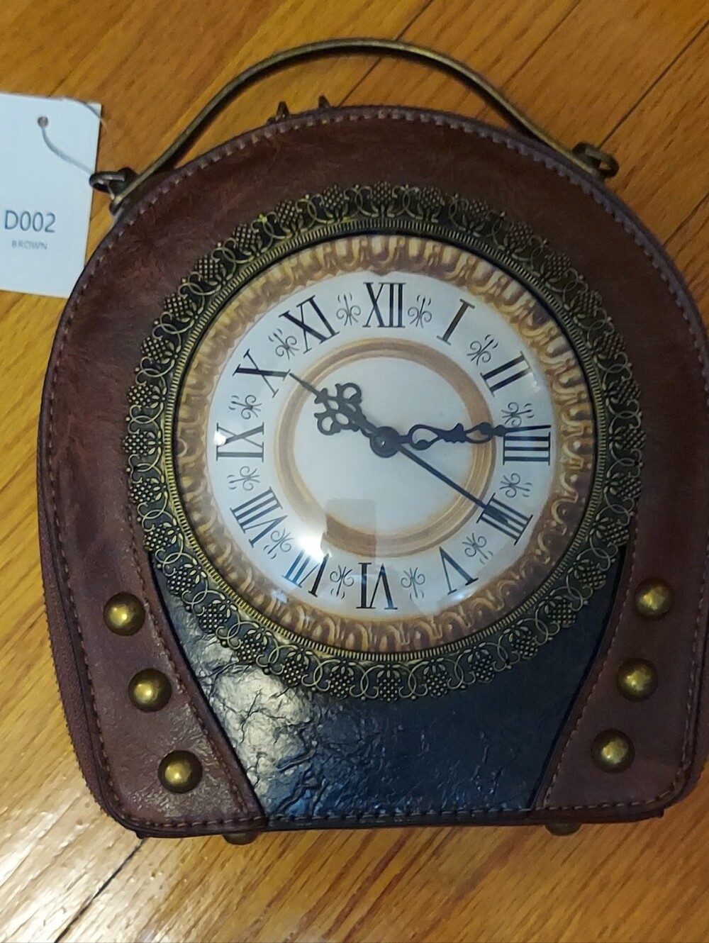 Steampunk Clockface Round Crossbody Bag Brown/Black Zip, Studded.